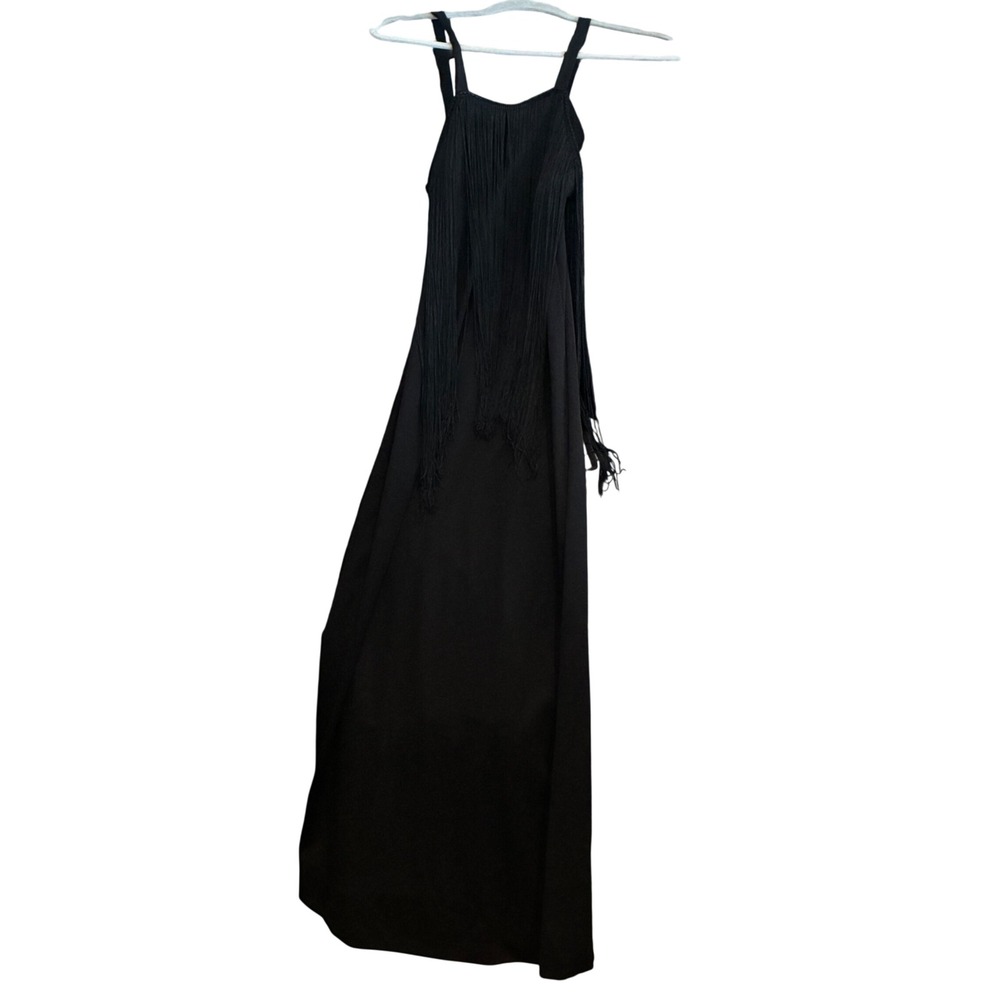 Vintage Fringe Bodice Maxi slip Dress Women Sz 7 Black prom dark romantic whimsy